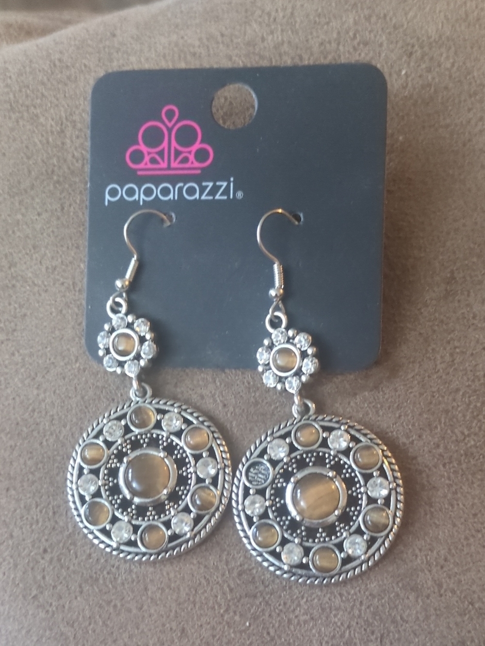 Paparazzi Silver and Cream Dangle Medallion Earrings